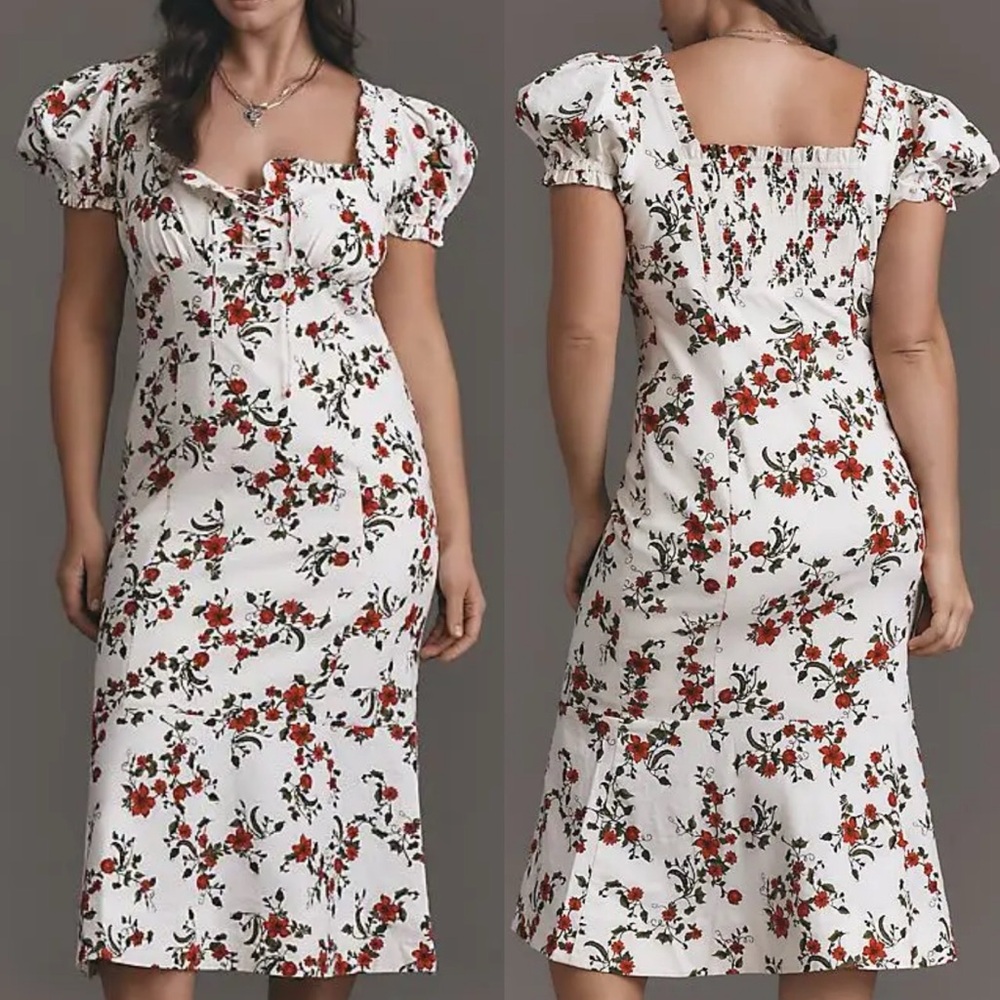 Anthropologie Maeve Linen Blend Puff-Sleeve
Sweetheart Midi Dress